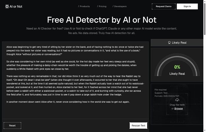 AI or Not text result showing 0 percent Likely Real for H01