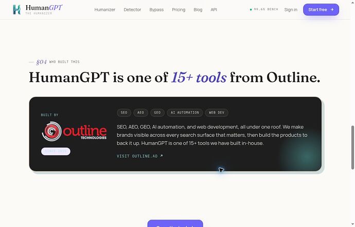 HumanGPT .io About page identifying Outline provider