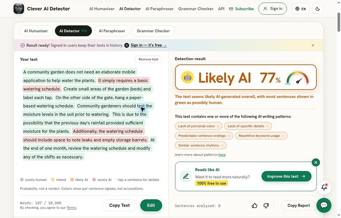 Clever AI Detector Likely AI 77 percent for 107-word AIHumanizer.ai output
