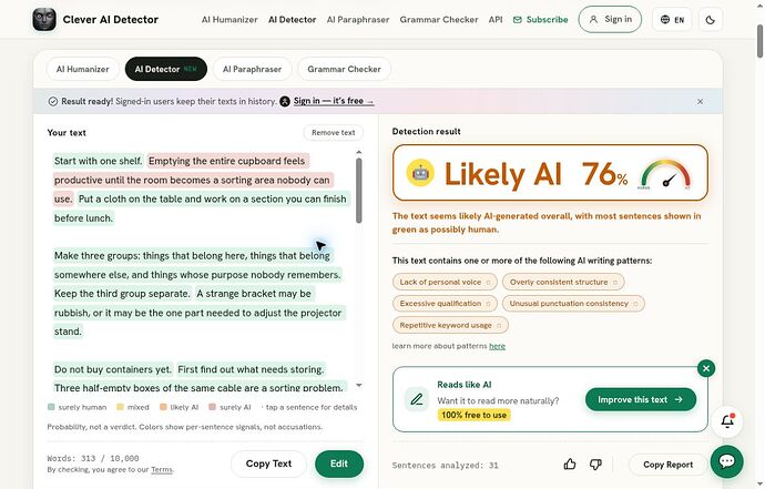 Clever AI Detector E03: Likely AI 76%