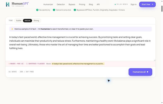HumanGPT editor displays 200 free words daily, no project generation