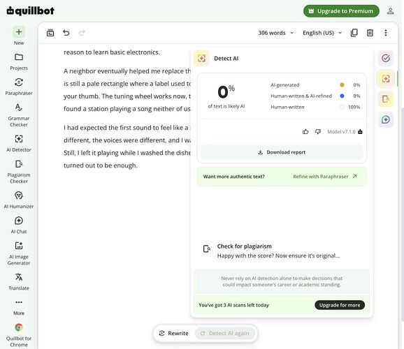 QuillBot A04 result: 0% likely AI, Human-written 100%