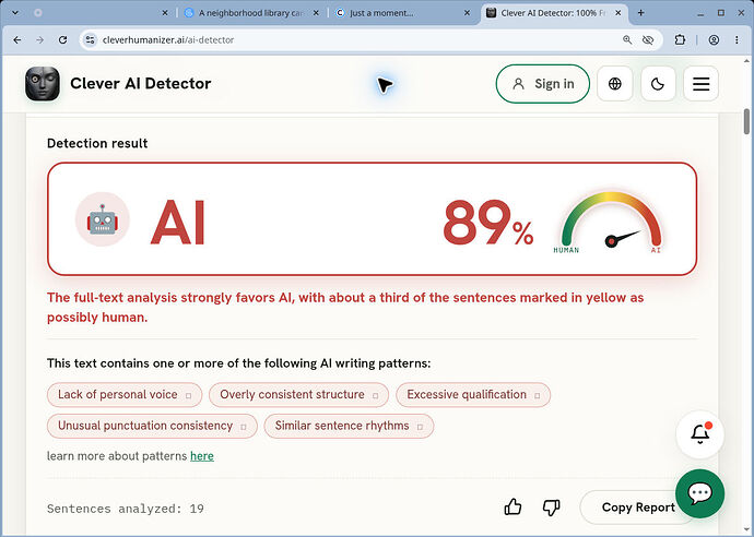 Clever AI Detector AI 89 percent for same original library essay